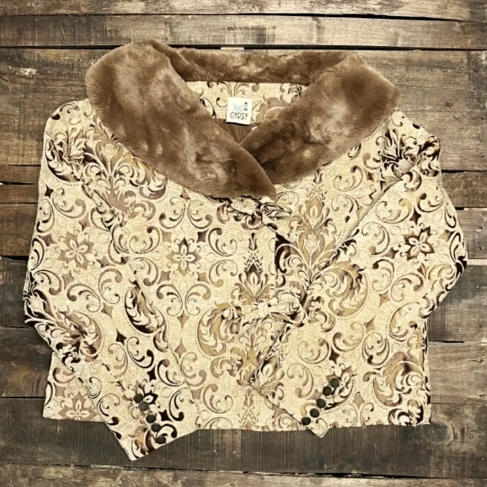 Gypsy Faux Fur Collar Brocade Jacket - Tan & Cream